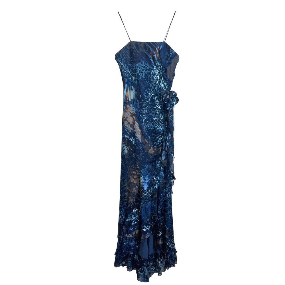 Y2k 2000s Fairycore Whimsigoth Punk Leopard Silk Floral Rosette Blue Silk‎ Dress